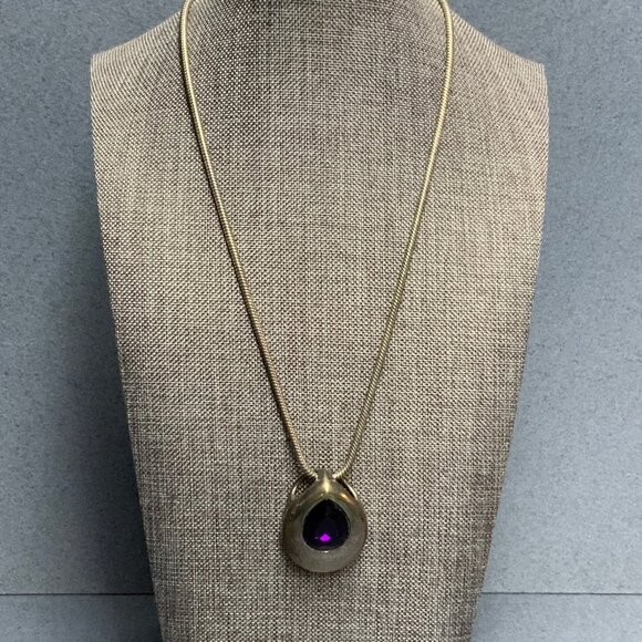 Vintage Jewelry - Retro Chunky Teardrop Necklace 27 In Silver Slinky Chain Purple Stone Vintage